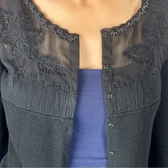 MOSCHINO CHEAP AND CHIC BLACK COTTON SHEER FLORAL YOKE BEADED CARDIGAN SWEATER - Picture 5 of 15
